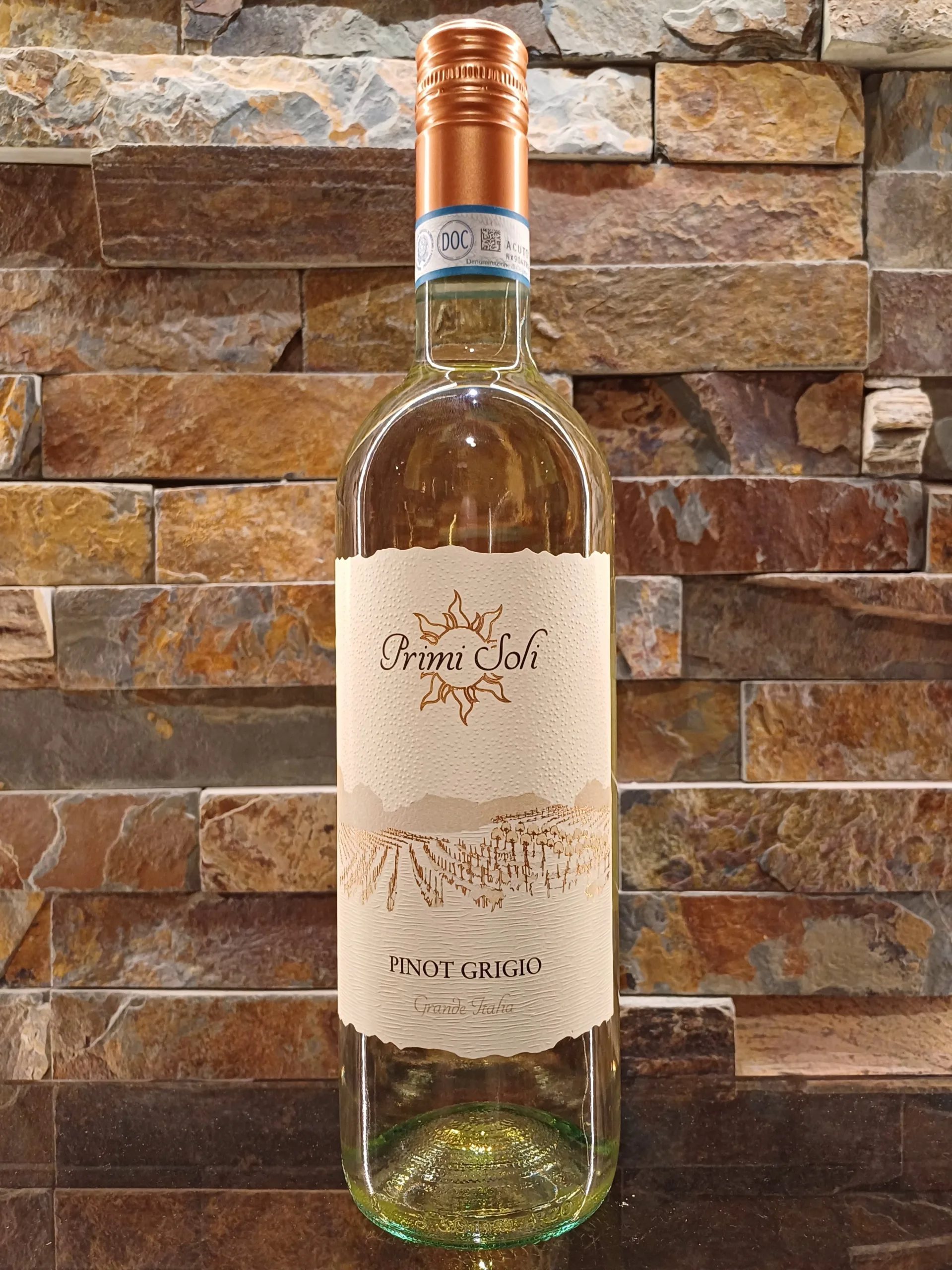 Primi Soli Pinot Grigio is a crisp, light-bodied dry white characterized by refreshing notes of green apple and citrus with a clean, mineral finish.