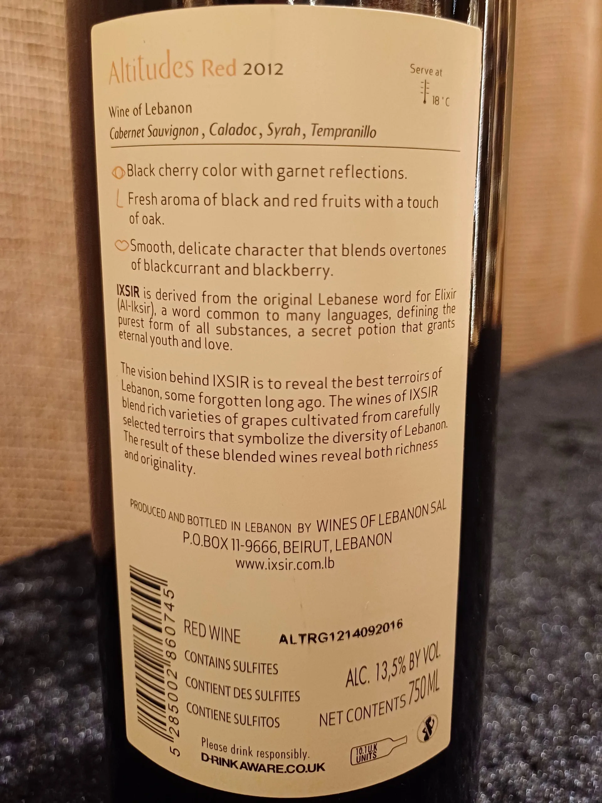 Ixsir Altitudes Rouge 2012 is an exquisite blend from Lebanon, showcasing the distinct terroir of the Bekaa Valley.