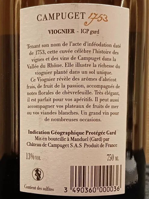 The Campuget IGP Gard Viognier 1753 2016 is an elegant and expressive wine. It opens with a bouquet of honeysuckle, apricot, orange marmalade, and tropical fruits.