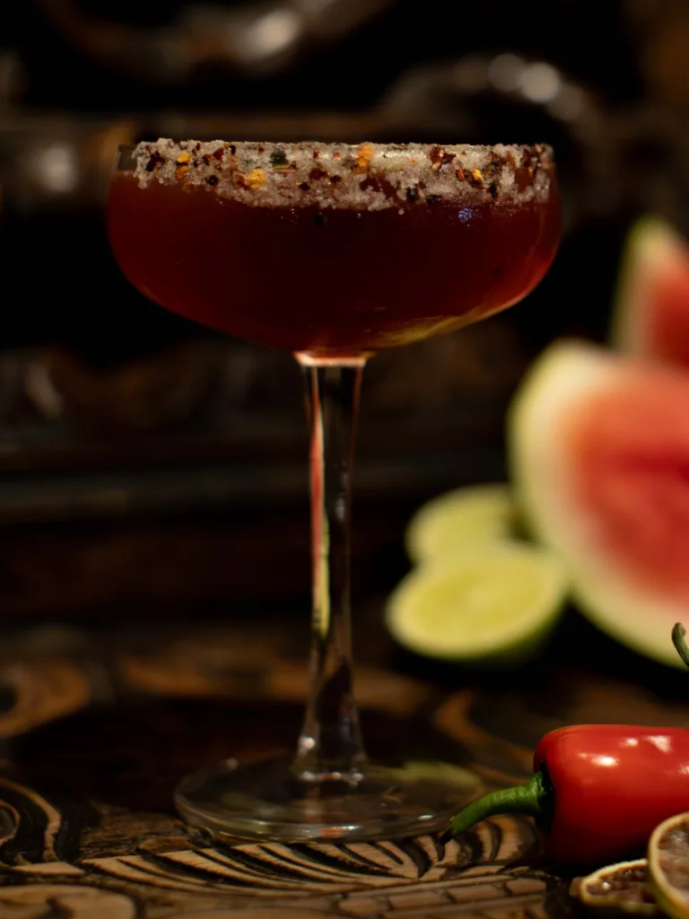 Wrath Halloween Cocktail: Volatile explosion of sweet watermelon and rich cassis, immediately ambushed by a fiery Tabasco heat that is sharply sliced by salty lime.