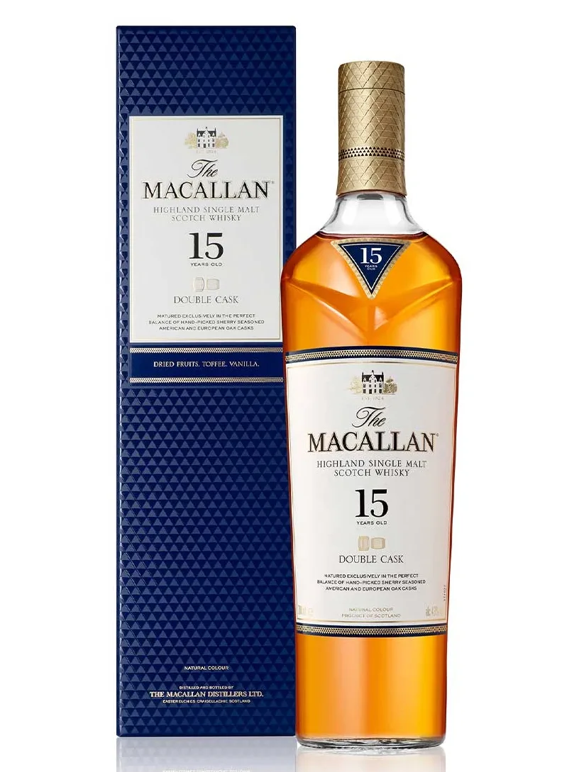 The Macallan 15 Year Old Double Cask Whisky is a beautifully balanced single malt that harmonizes the best of two worlds. This whisky is matured in a combination of American and European oak casks, both seasoned with Oloroso sherry, which imparts a rich and complex character.