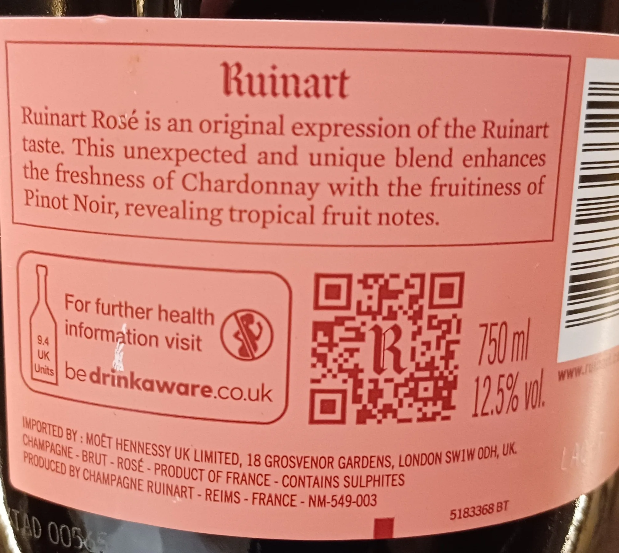 Ruinart Rose Champagne is a blend of 45% Chardonnay and 55% Pinot Noir, sourced from the finest vineyards in the Champagne region