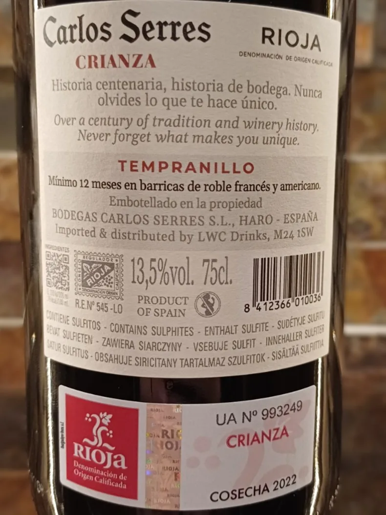 Carlos Serres Rioja Crianza offers a smooth and classic taste of ripe red cherry and raspberry, elegantly layered with notes of sweet vanilla spice from its oak aging.