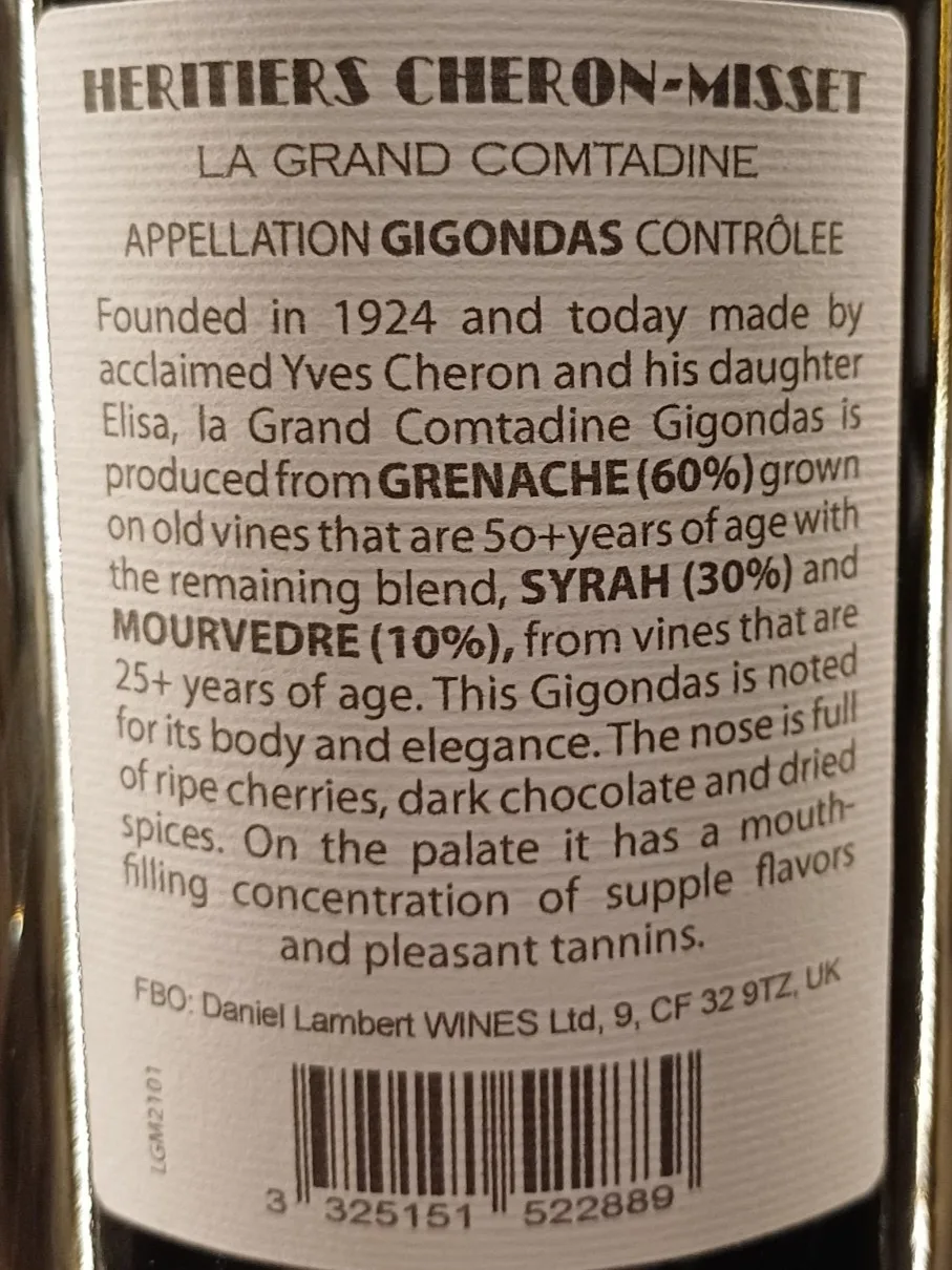 Gigondas La Grand Comtadine 2021 Elegant Gigondas balances concentrated dark cherry and raspberry fruit with savory notes of Provençal herbs and black pepper, all framed by silky tannins and a distinctively fresh finish.