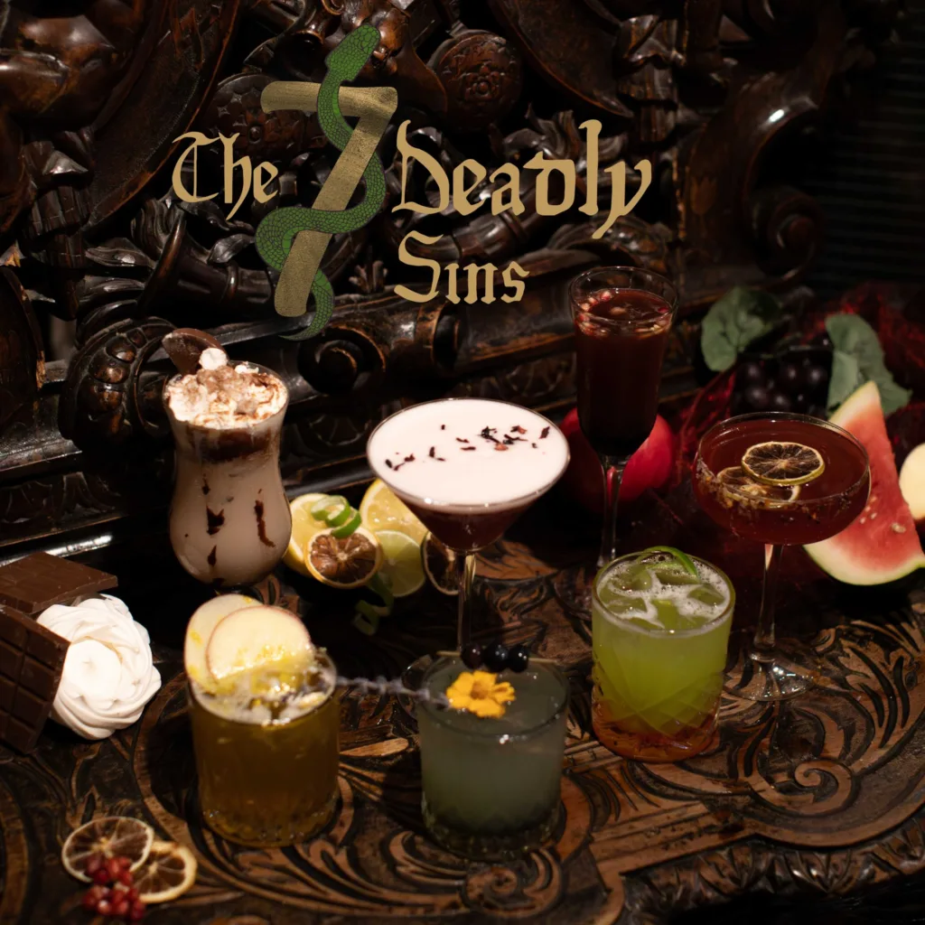 Seven wickedly crafted creations, each inspired by one of the seven iconic vices β whether you're feeling indulgent, fiery, or just a little bit sinful, we've got a cocktail to match your mood.
