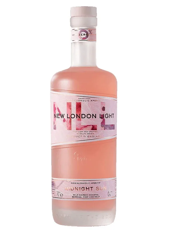 New London Light Midnight Sun is a bittersweet, Nordic-inspired spirit that balances tart wild berries and floral elderflower with the earthy resin of pine and a distinct, savory hint of sea salt