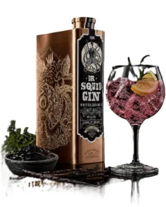 Dr Squid Gin pairs bright citrus and warm juniper with a savoury, salty edge from squid ink, and turns from inky black to vivid pink when mixed with tonic.