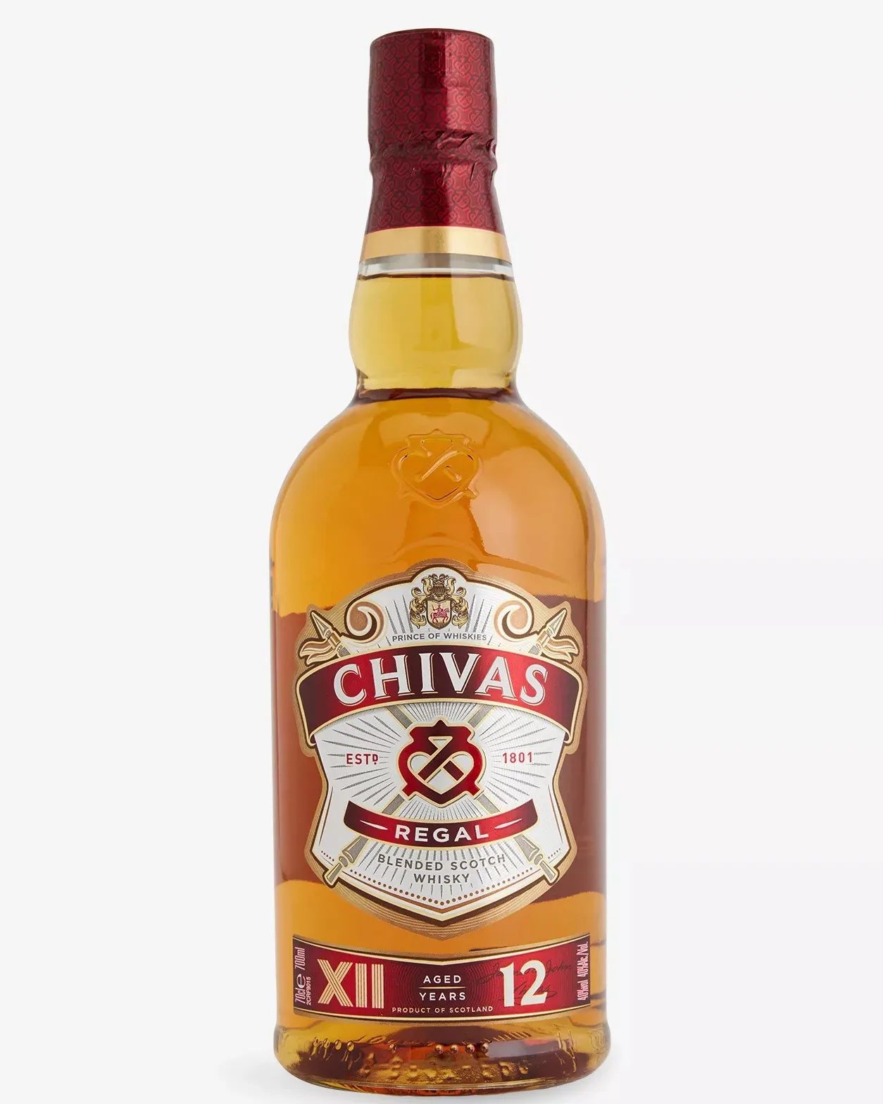 Chivas Regal 12 Year Old: a smooth Speyside-led blended Scotch with honey, ripe pear and orchard fruit, vanilla, hazelnut and butterscotch, wild heather notes and a warm, gently spiced finish.