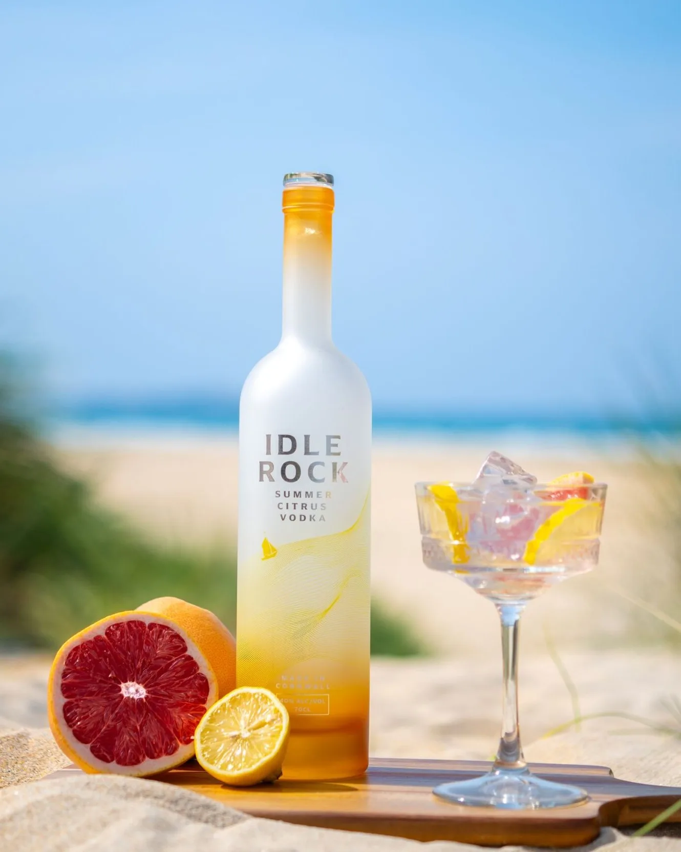 Idle Rock Summer Citrus Vodka: a smooth Cornish vodka from Saint Sithney near Helston, with zesty lemon, juicy orange and lime, soft natural sweetness, a silky texture and a crisp, refreshing finish.